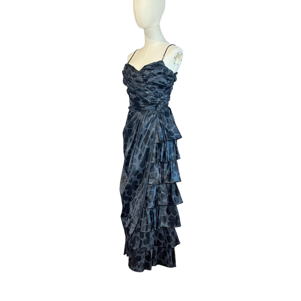 VTG 80s Black Floral Jacquard Prom Gown 2 Romantic Feminine Goth Glam Coquette