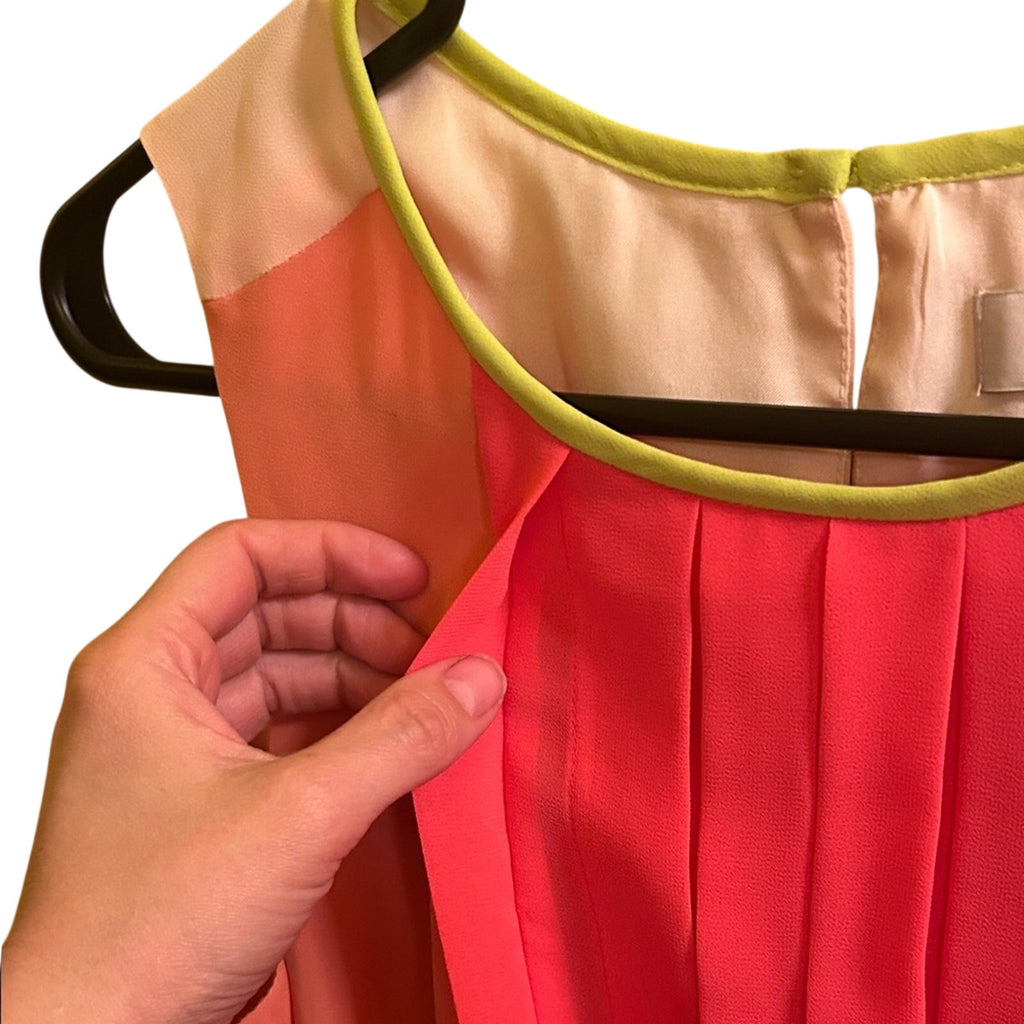 LOFT Colorblock Pleated Midi Dress Pink Coral Neon Green Belt 6 Preppy Retro