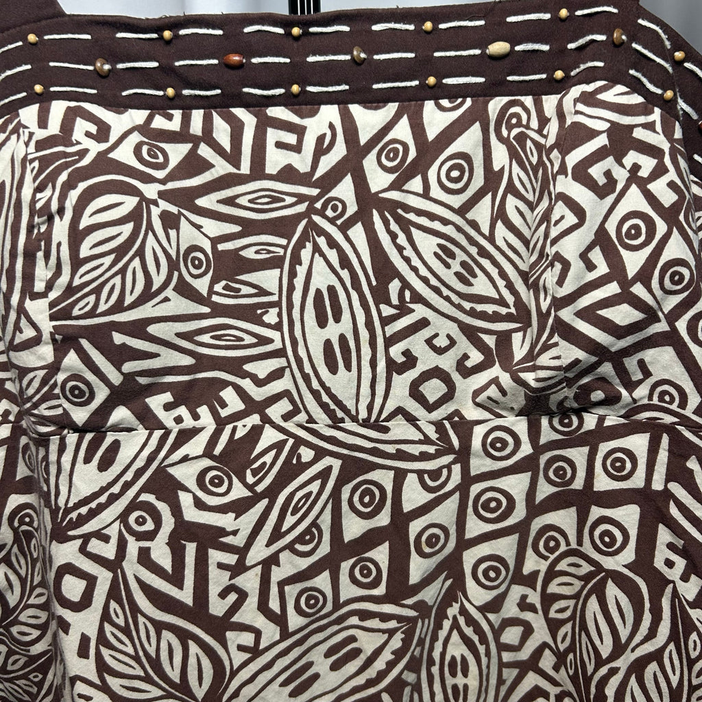 Boho Geometric Print Midi Dress Small Brown Cream Smocked Back Padded Bust Summer