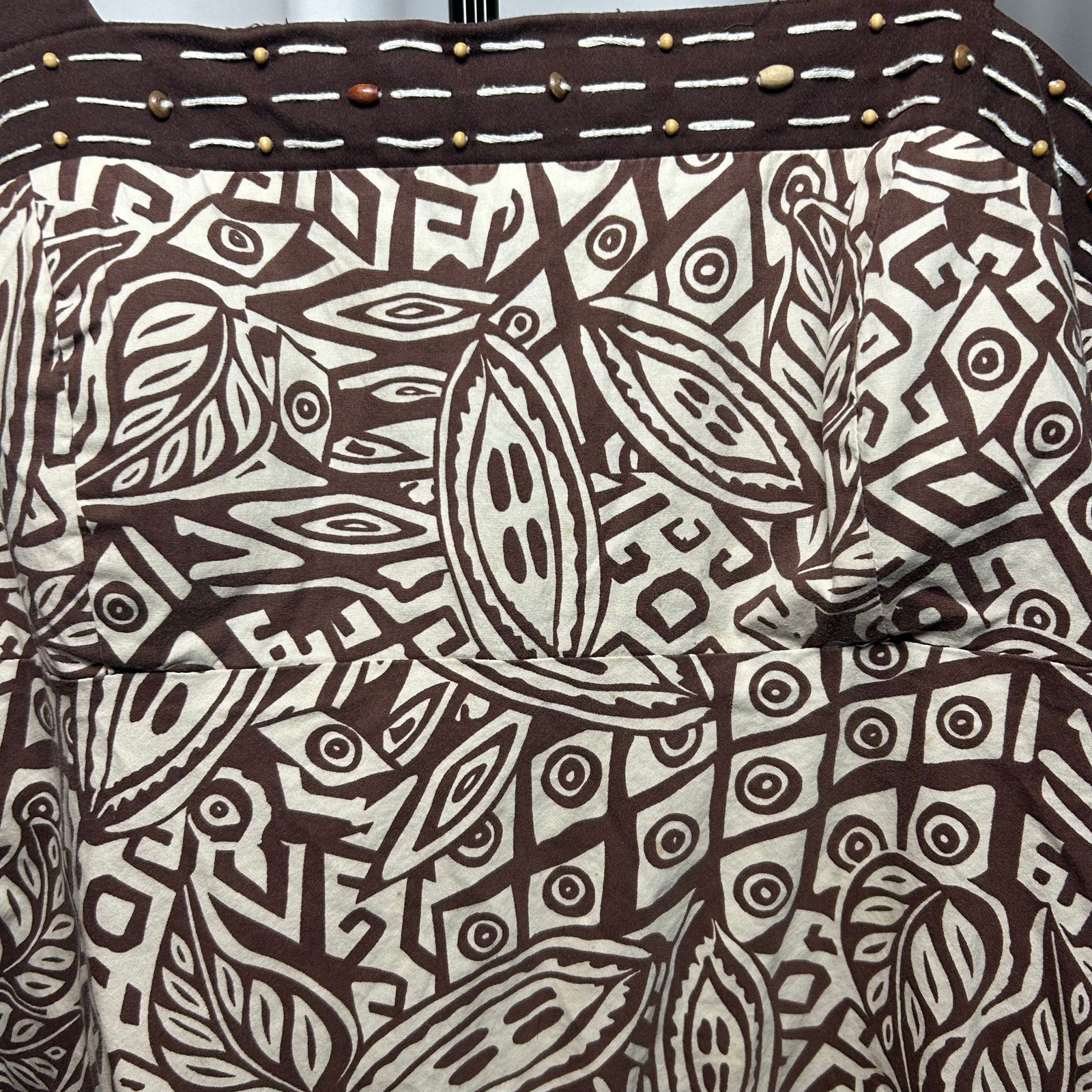 Boho Geometric Print Midi Dress Small Brown Cream Smocked Back Padded Bust Summer