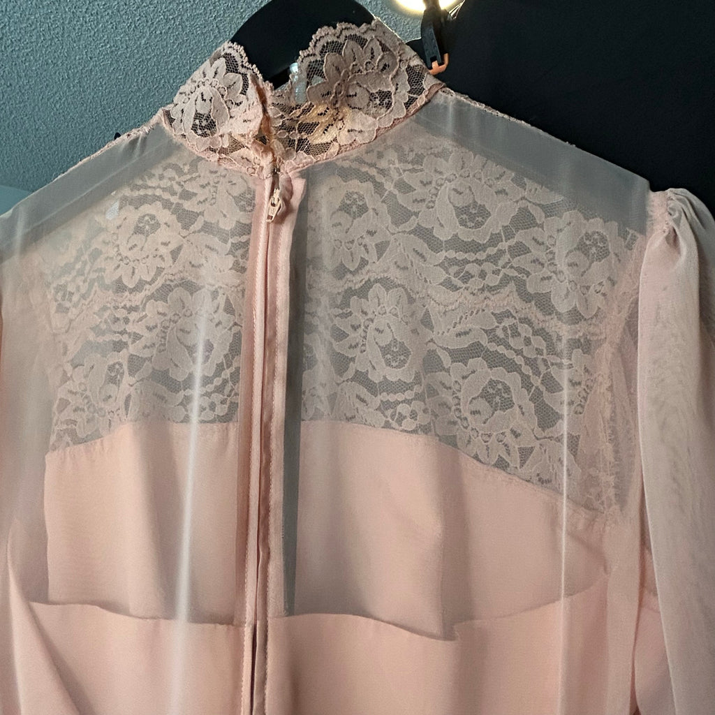 VTG 70s Handmade Peach Lace Maxi Dress Sheer Bishop Sleeve Boho Prairie XS