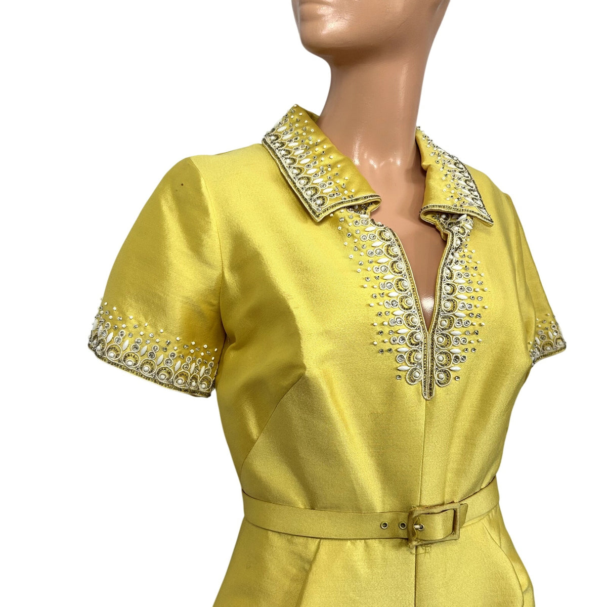 VTG 60s Sir Norman Hartnell S Yellow Beaded Wool Silk Couture Regency Midi Dress