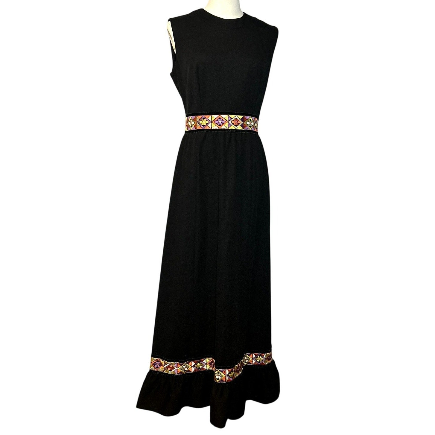 VTG 70s Black Folk Maxi Dress Embroidered Velvet Trim Ruffle Boho Hostess Small