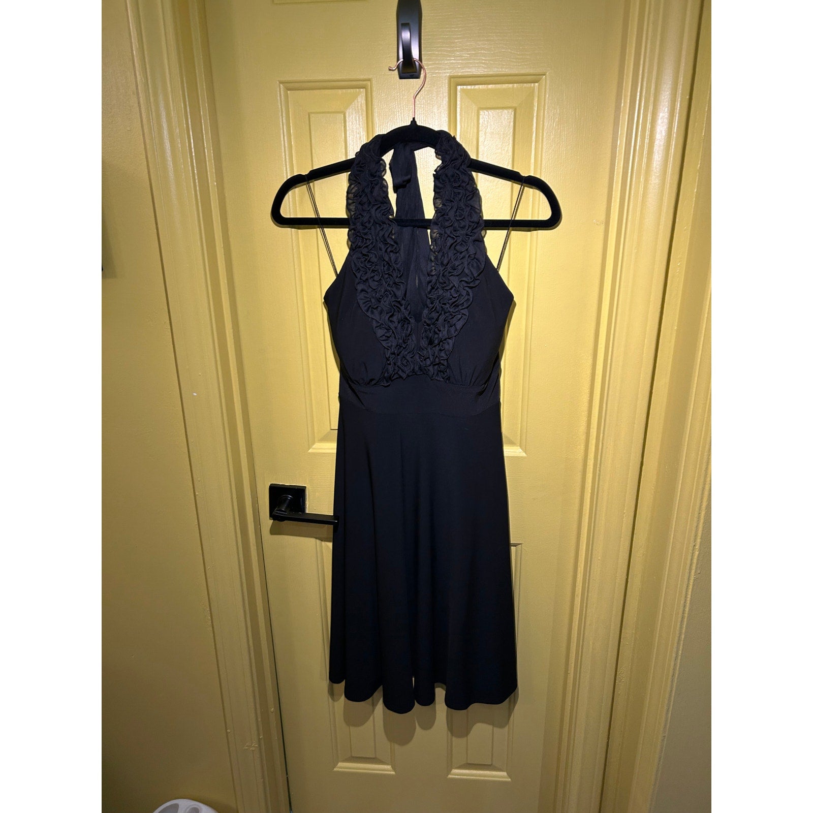 Blu Sage Black Halter Midi Dress 6 Lace Ruffle Cocktail Wedding Guest Party Boho