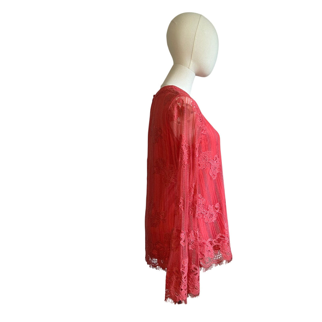 Ultra Pink Floral Lace Top Sheer Bell Sleeves M Coquette Fairy Gypsy Feminine