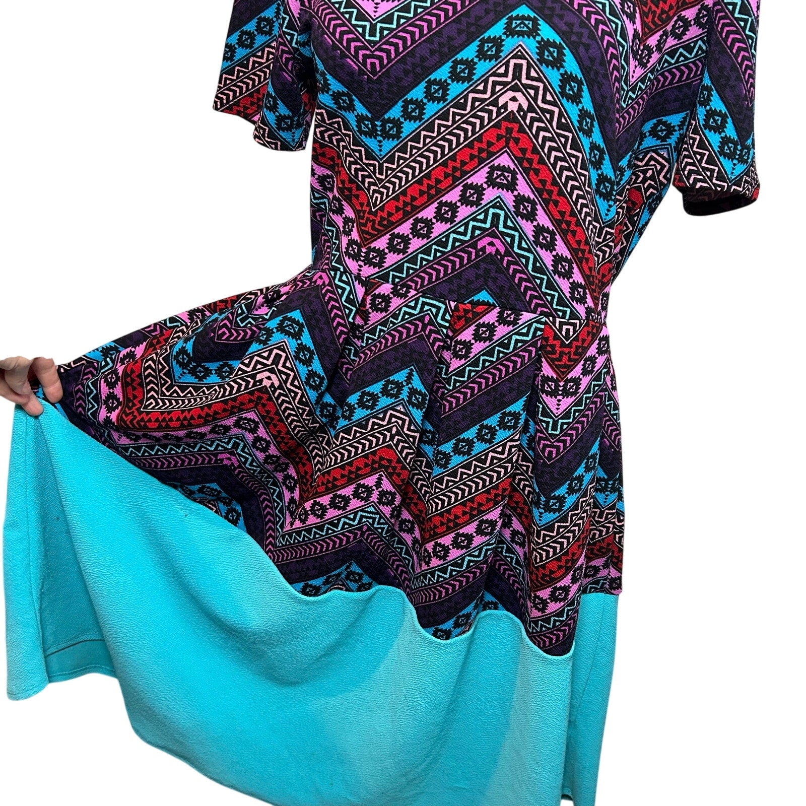 LuLaRoe Amelia Dress Large Multicolor Blue Floral Stretchy Pockets Southwestern