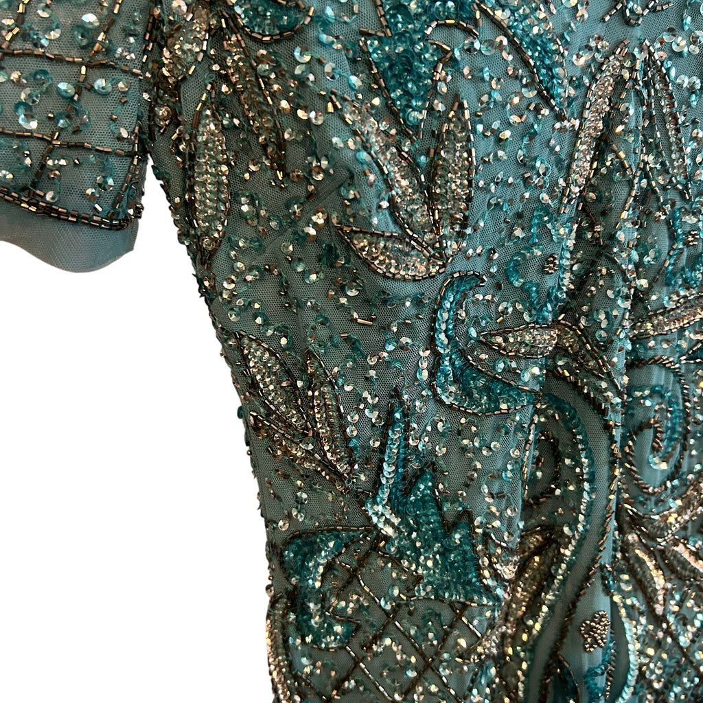 VTG Aidan Mattox Teal Silver Beaded Sequin Cold Shoulder Mini Cocktail Dress 2