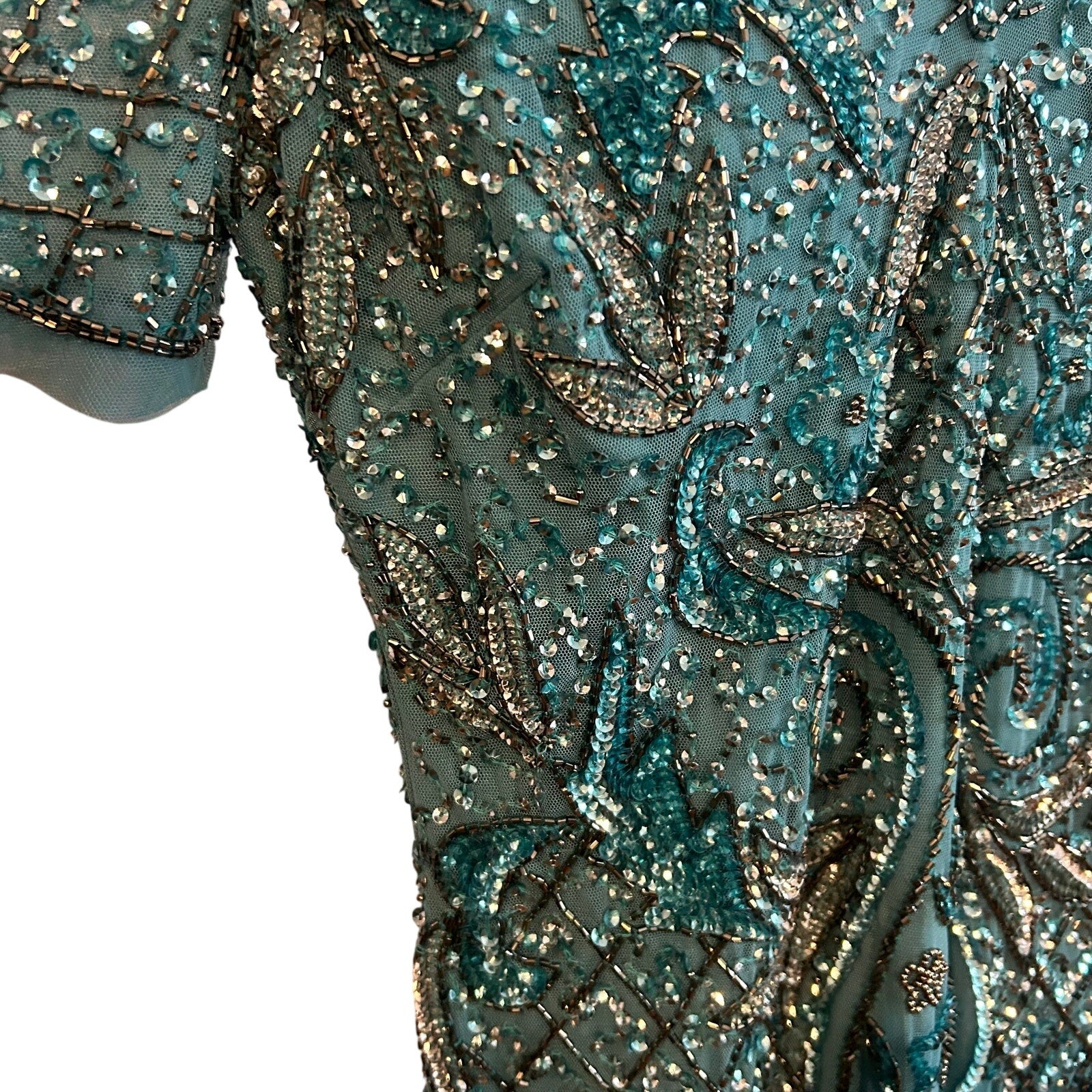 VTG Aidan Mattox Teal Silver Beaded Sequin Cold Shoulder Mini Cocktail Dress 2