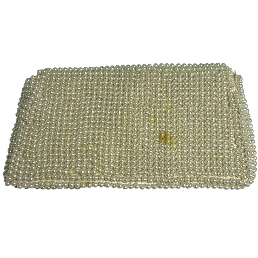 VTG 50s Pearl Beaded Clutch Japan White Evening Bag Glam Coquette Bridal Wedding