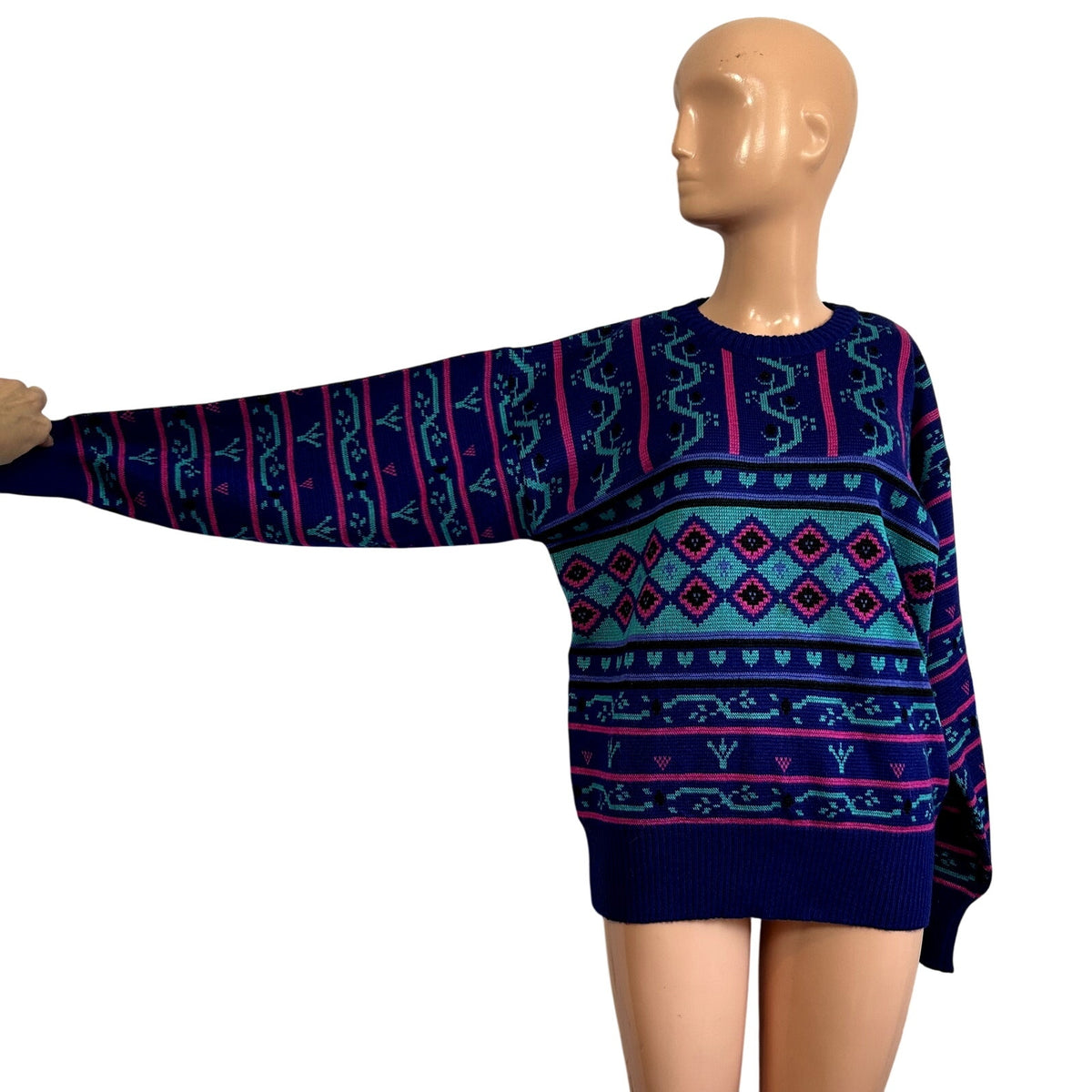 VTG 80s Meister M Purple Teal Maximalist Patterned Wool Knit Retro Cozy Sweater