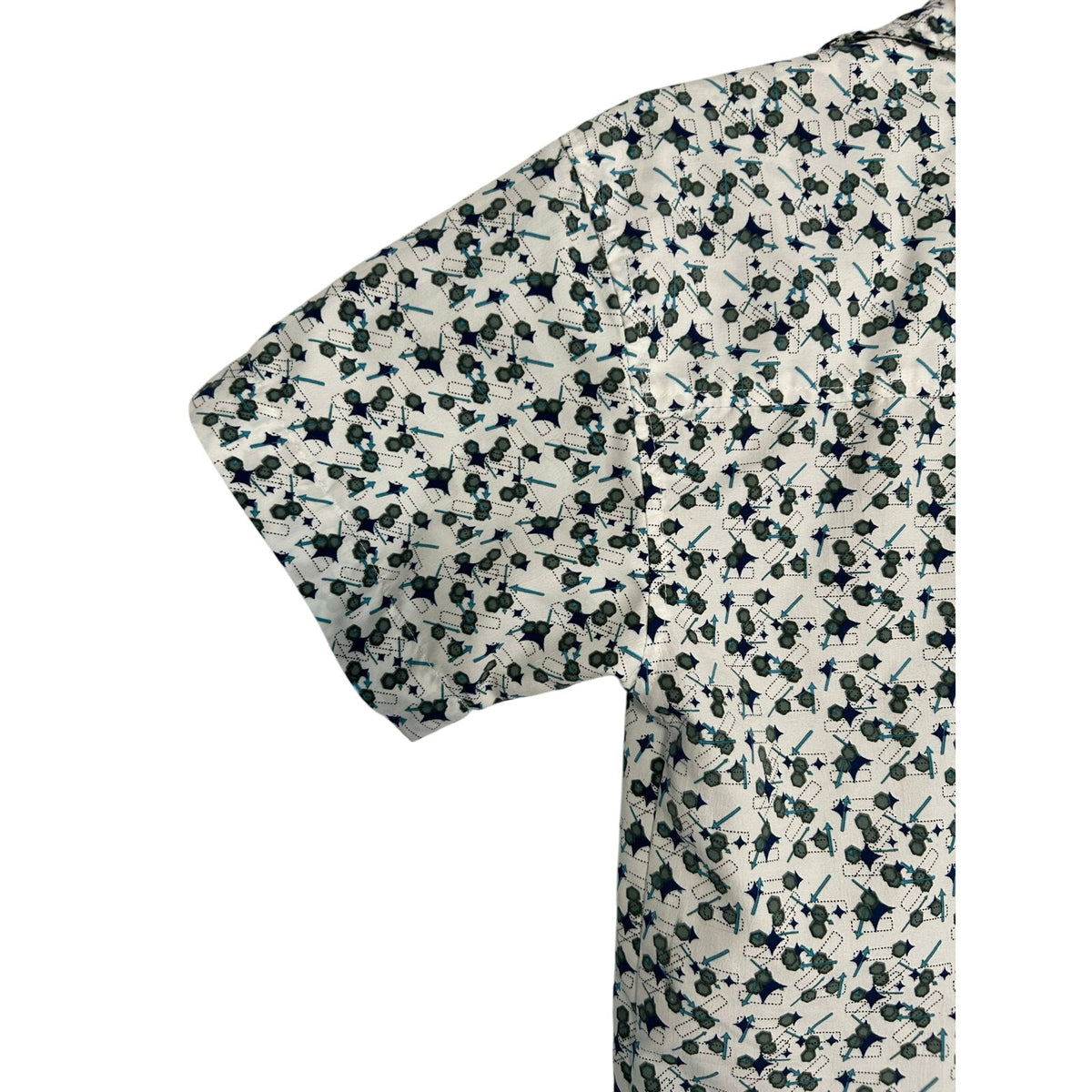 VTG Address Unknown White Teal Navy S Atomic Pattern Retro 90s Mod Poly Button
