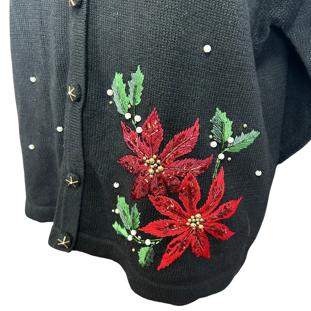VTG 90s B.P. Design M Black Poinsettia Beaded Christmas Cardigan Faux Fur Collar