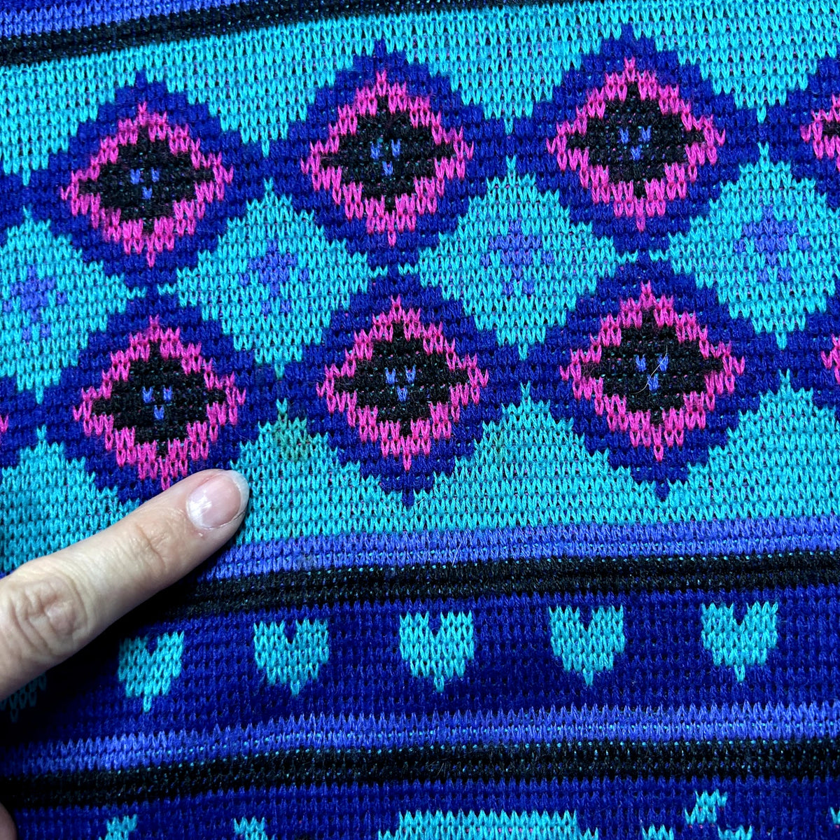 VTG 80s Meister M Purple Teal Maximalist Patterned Wool Knit Retro Cozy Sweater