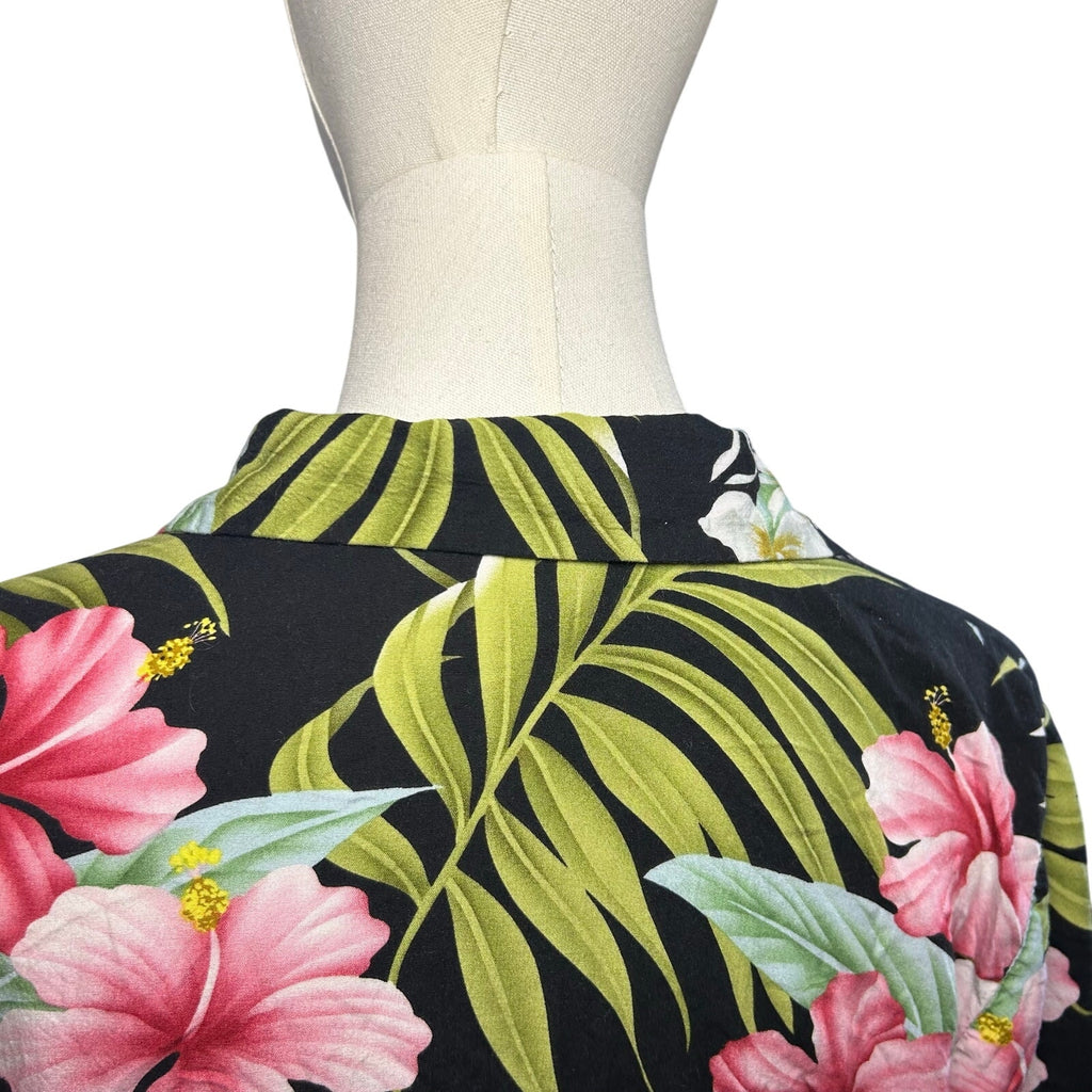 VTG 90s Puanani Hawaiian Shirt Black Floral Medium Tropical Boho Casual Indie