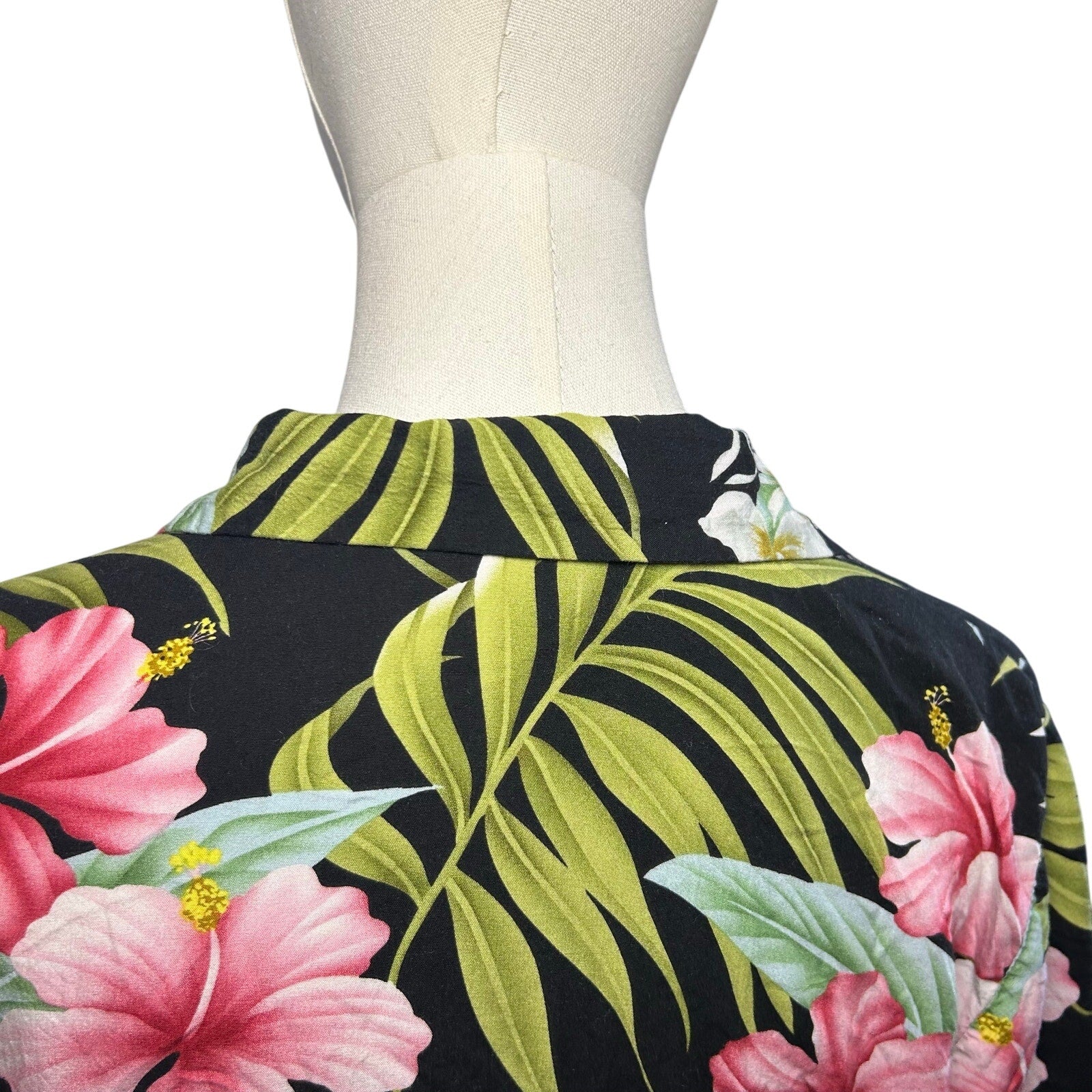 VTG 90s Puanani Hawaiian Shirt Black Floral Medium Tropical Boho Casual Indie