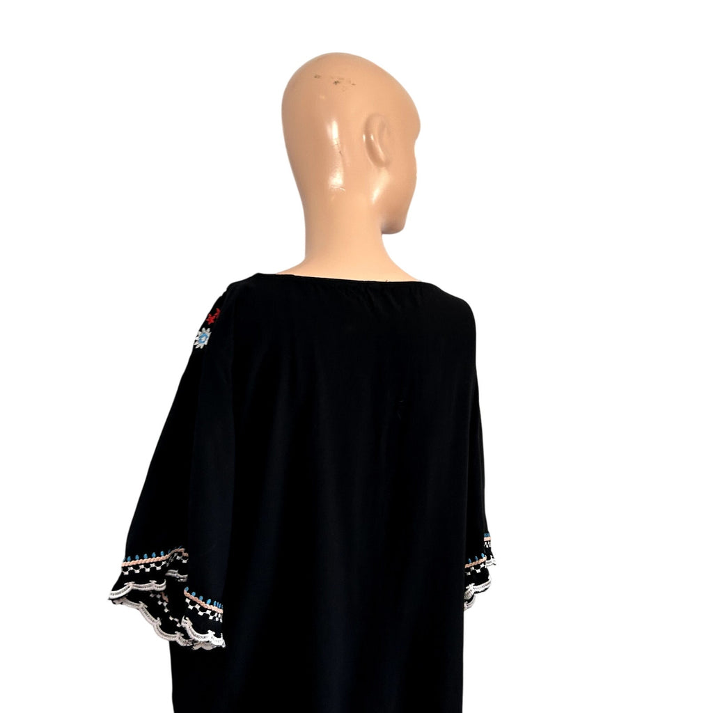 Black Southwestern Embroidered XL Rayon Batwing Blouse Top Boho Peasant Western