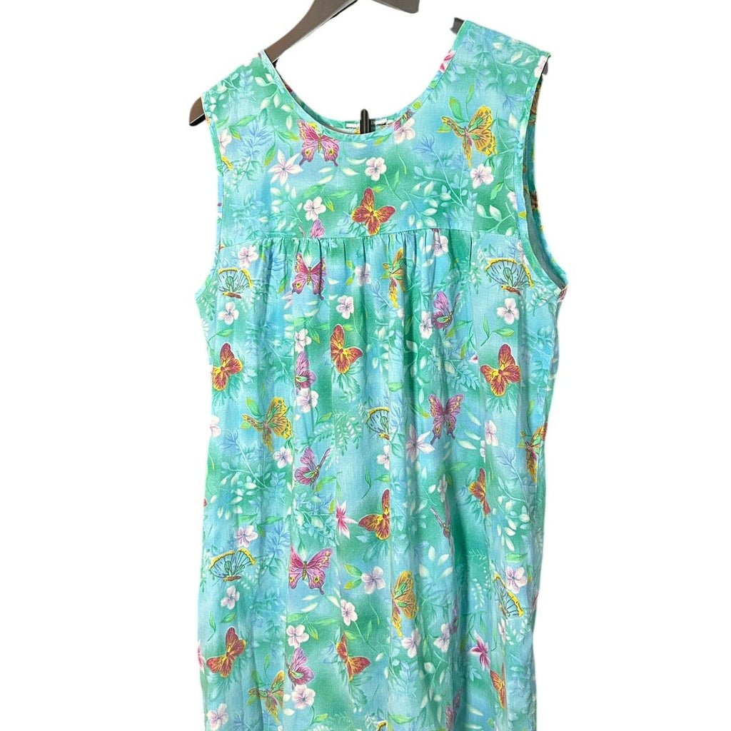 VTG Butterfly Floral Cotton Feel House Dress Blue Green XL Single Side Pocket