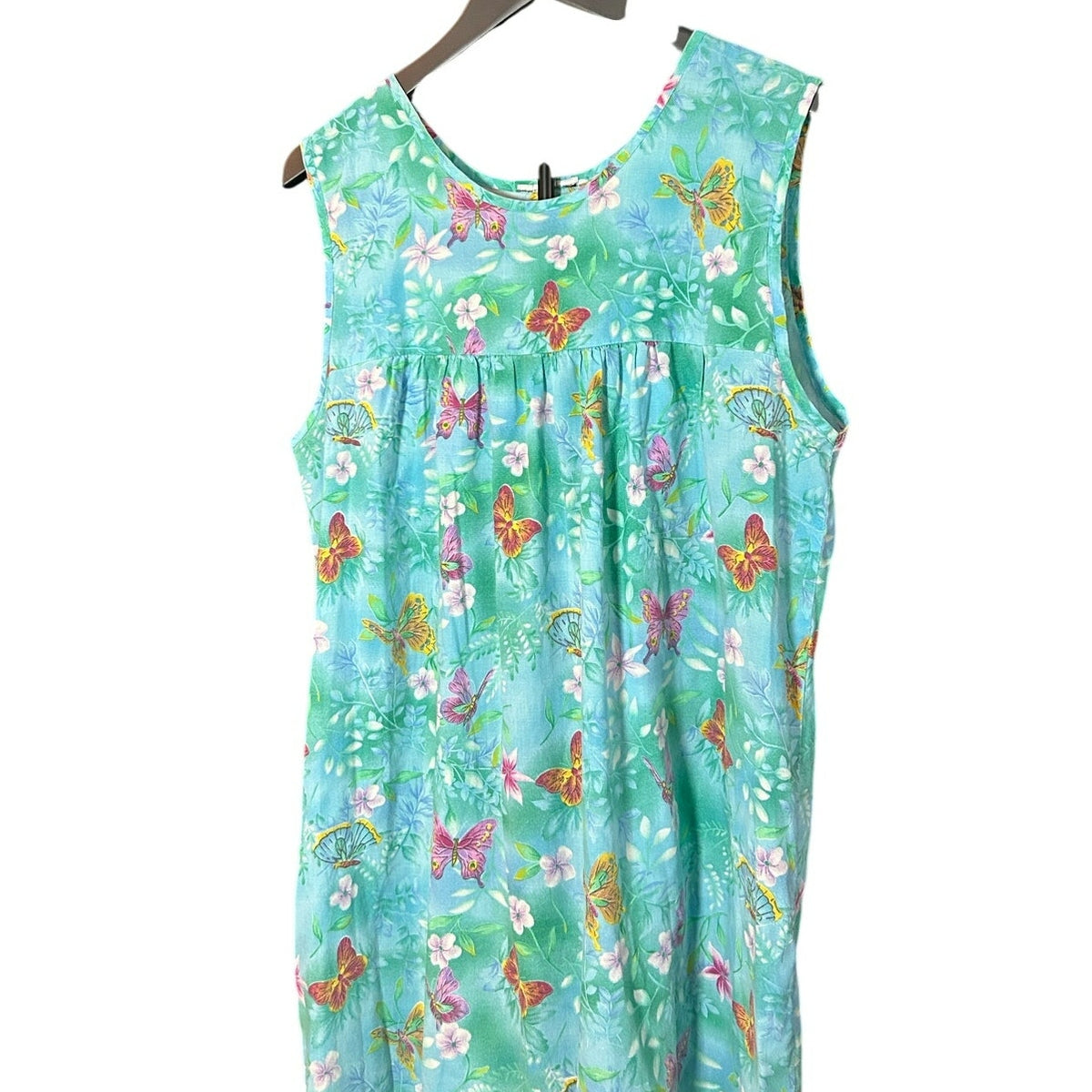 VTG Butterfly Floral Cotton Feel House Dress Blue Green XL Single Side Pocket