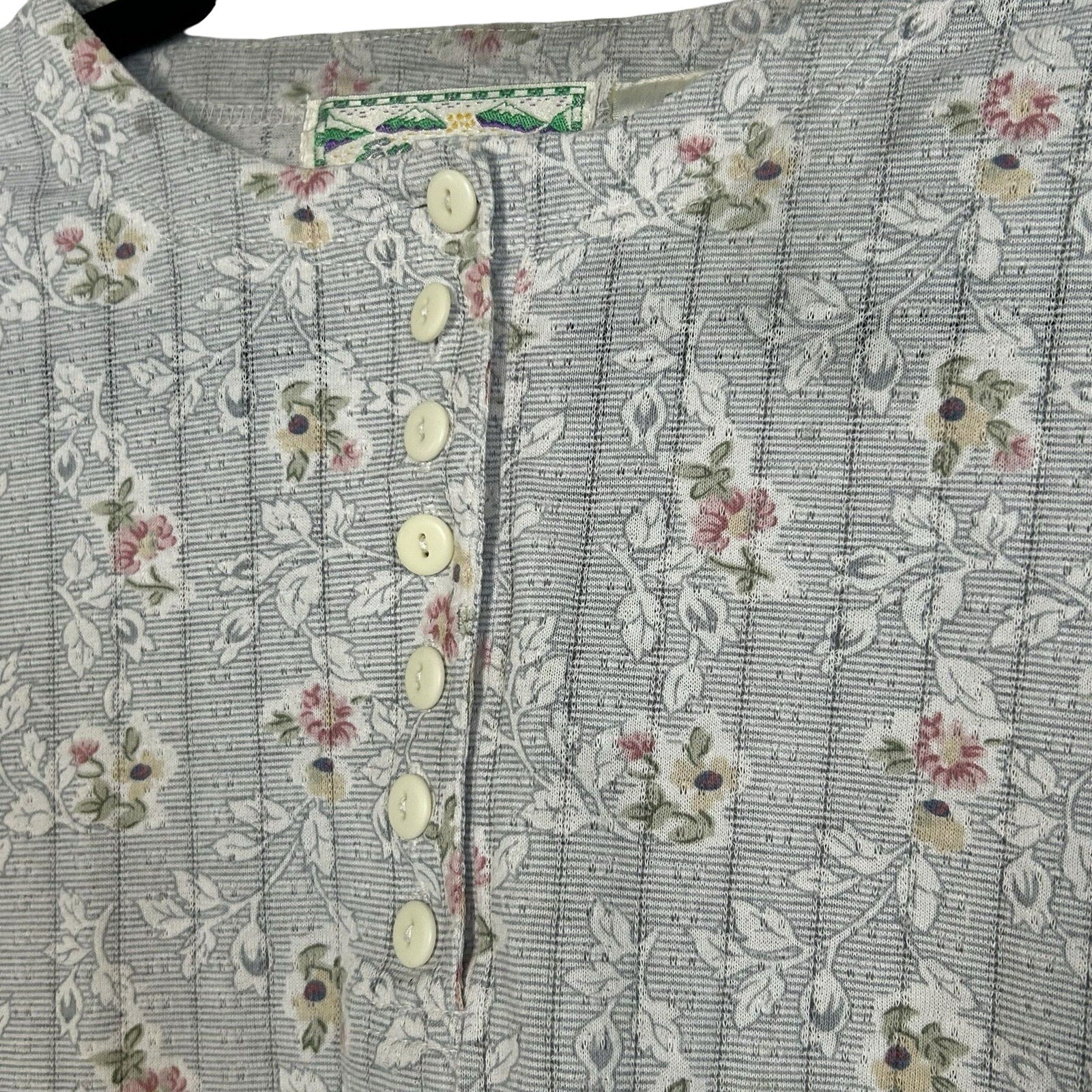 VTG Emerald Isle Grey Floral Ribbed Henley Top Small Grannycore 90s Shoulder Pad