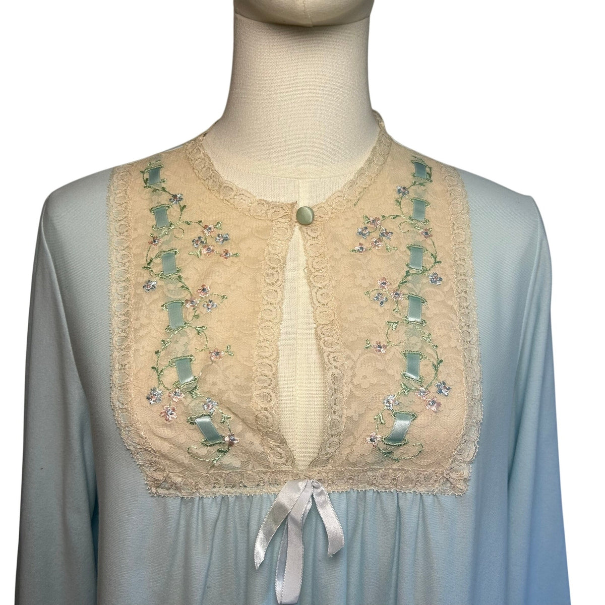 VTG 70s Blue Floral Lace Nightgown Sears XL Nylon Bridal Coquette Romantic Bow