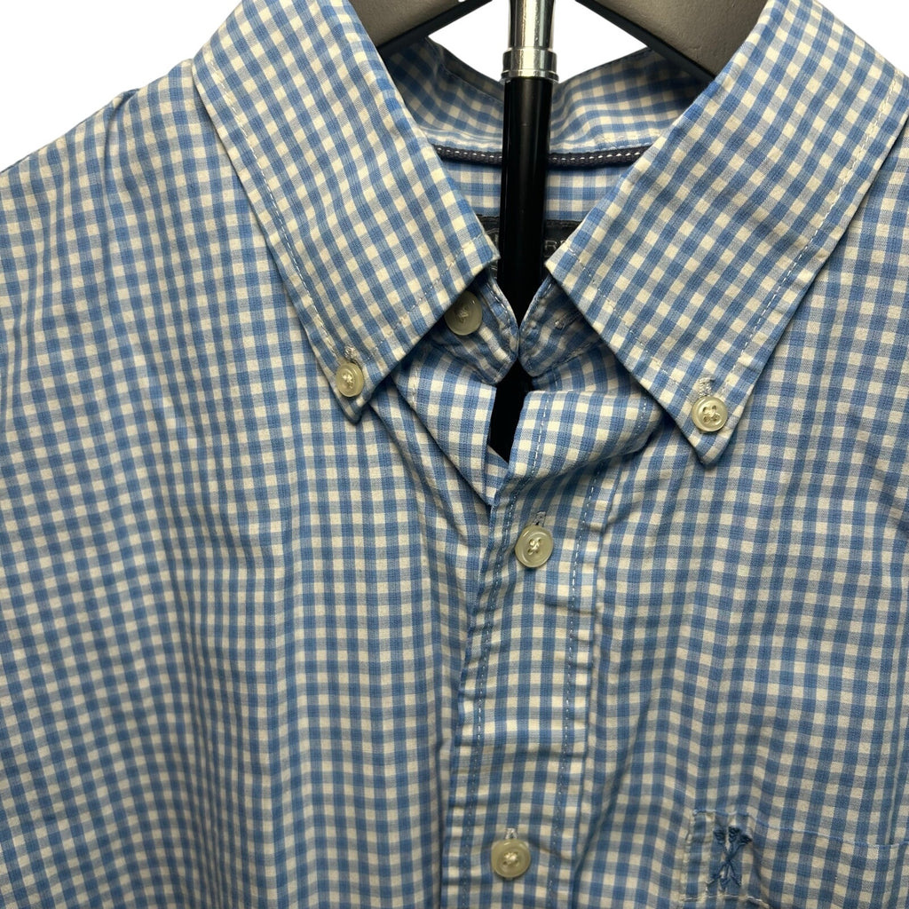 VTG Y2K Arrow Light Blue Gingham Plaid Short Sleeve Button Down Shirt Basics