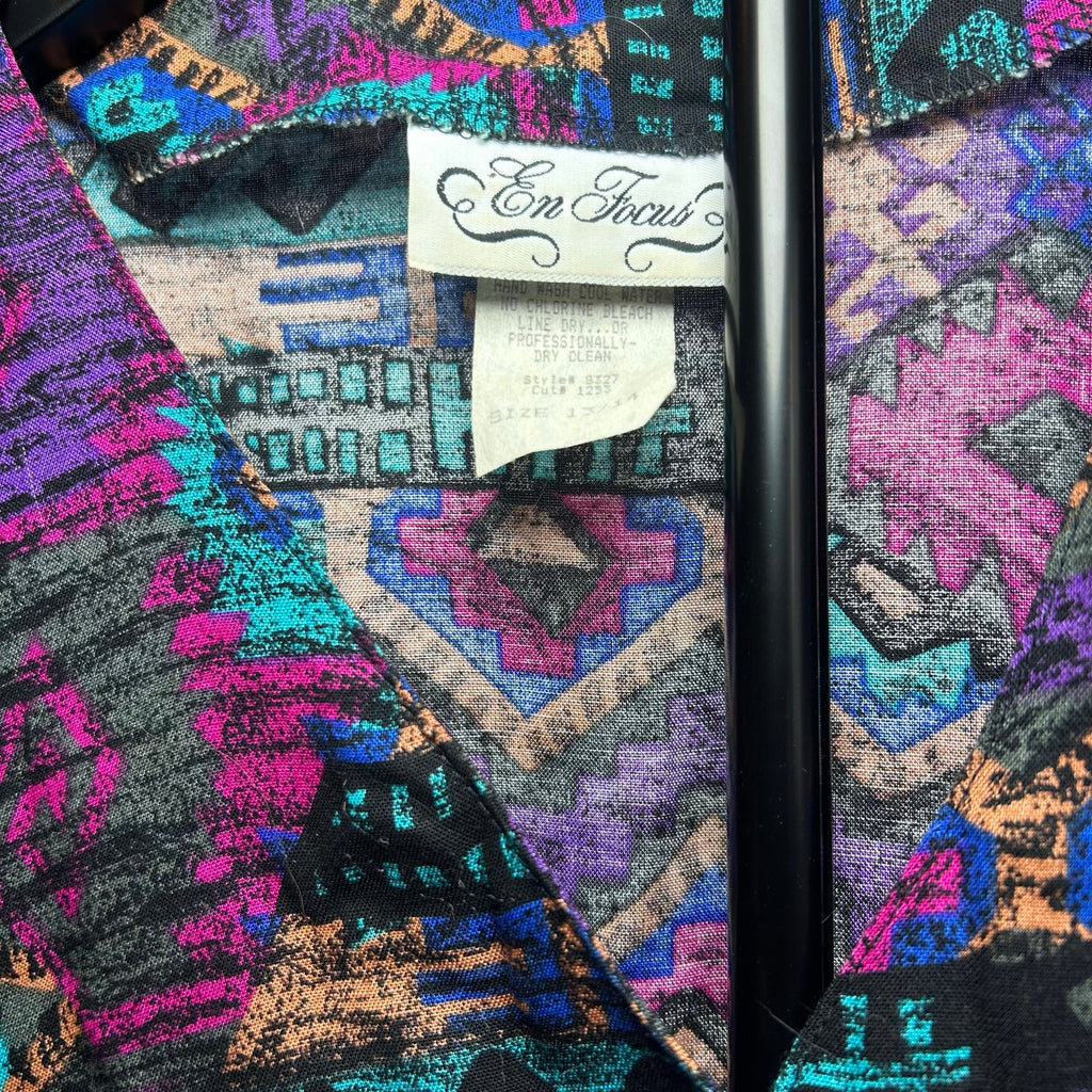 VTG En Focus Geometric Jumpsuit Purple L Rayon Southwestern Boho 90s USA Made