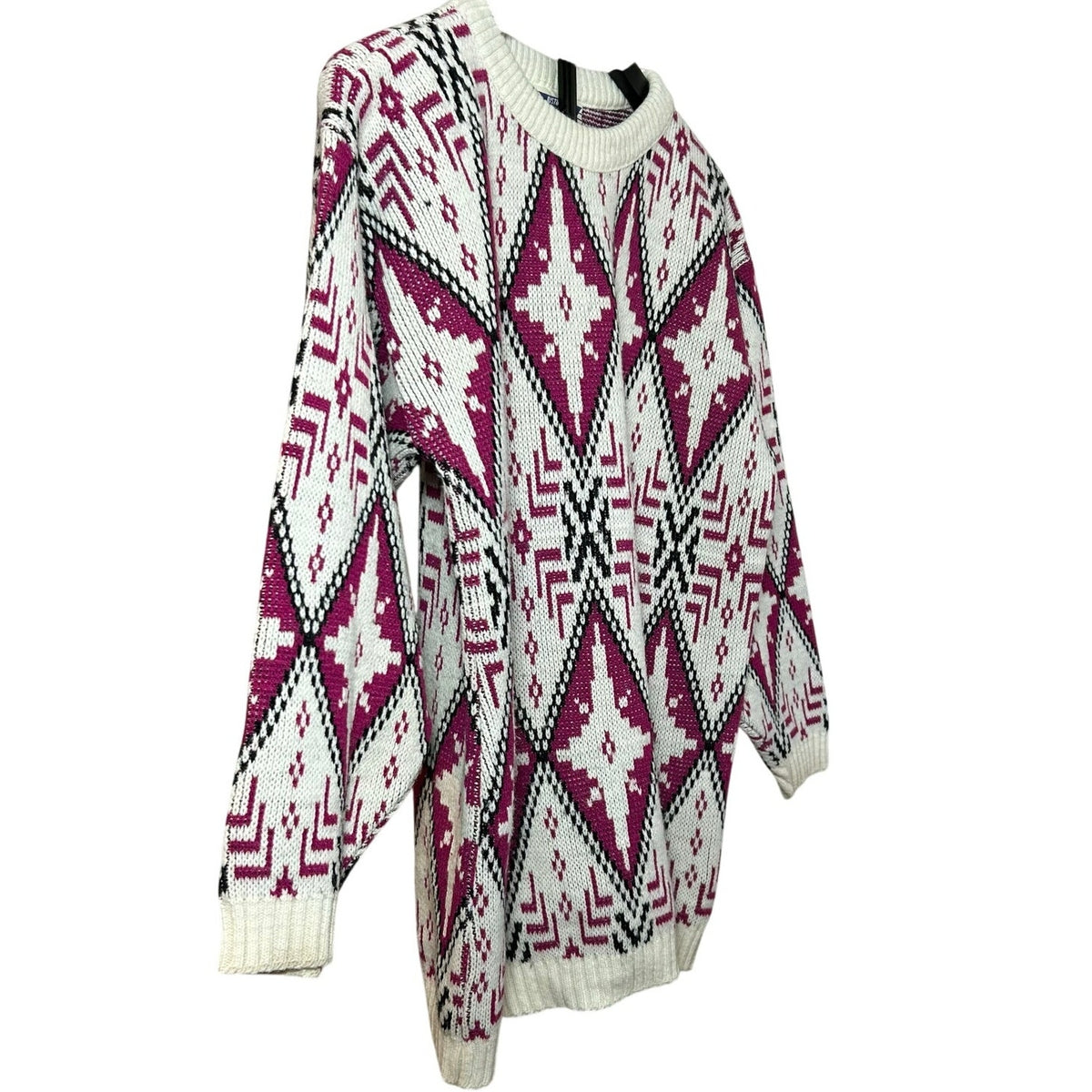 VTG 80s Justin Allen Geometric Diamond Sweater Made in USA Magenta White L