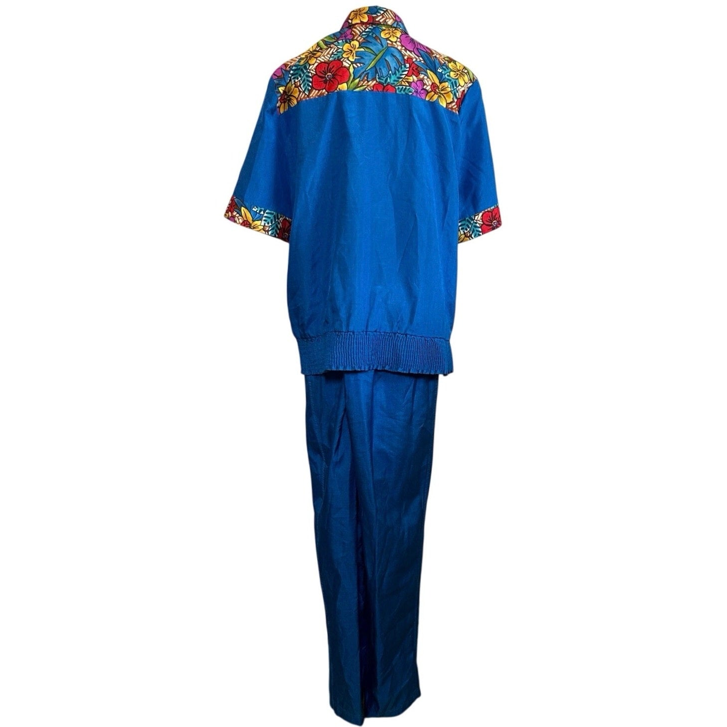 VTG 70s Bechamel 3pc Floral Set Whimsigoth Blue Tropical Jacket Shirt Pants Boho