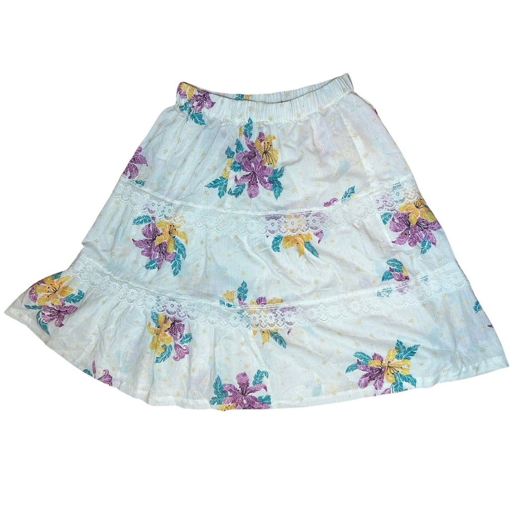VTG 80s White Floral Broomstick Skirt M L Hawaiian Boho Cottage Fairy Retro