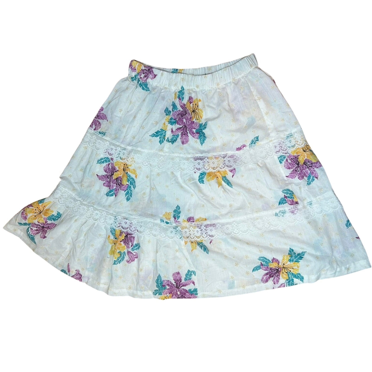 VTG 80s White Floral Broomstick Skirt M L Hawaiian Boho Cottage Fairy Retro