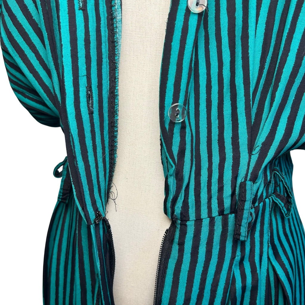 VTG 80s Scarlett Green Black Striped Rayon Midi Dress S Retro Boho Whimsigoth