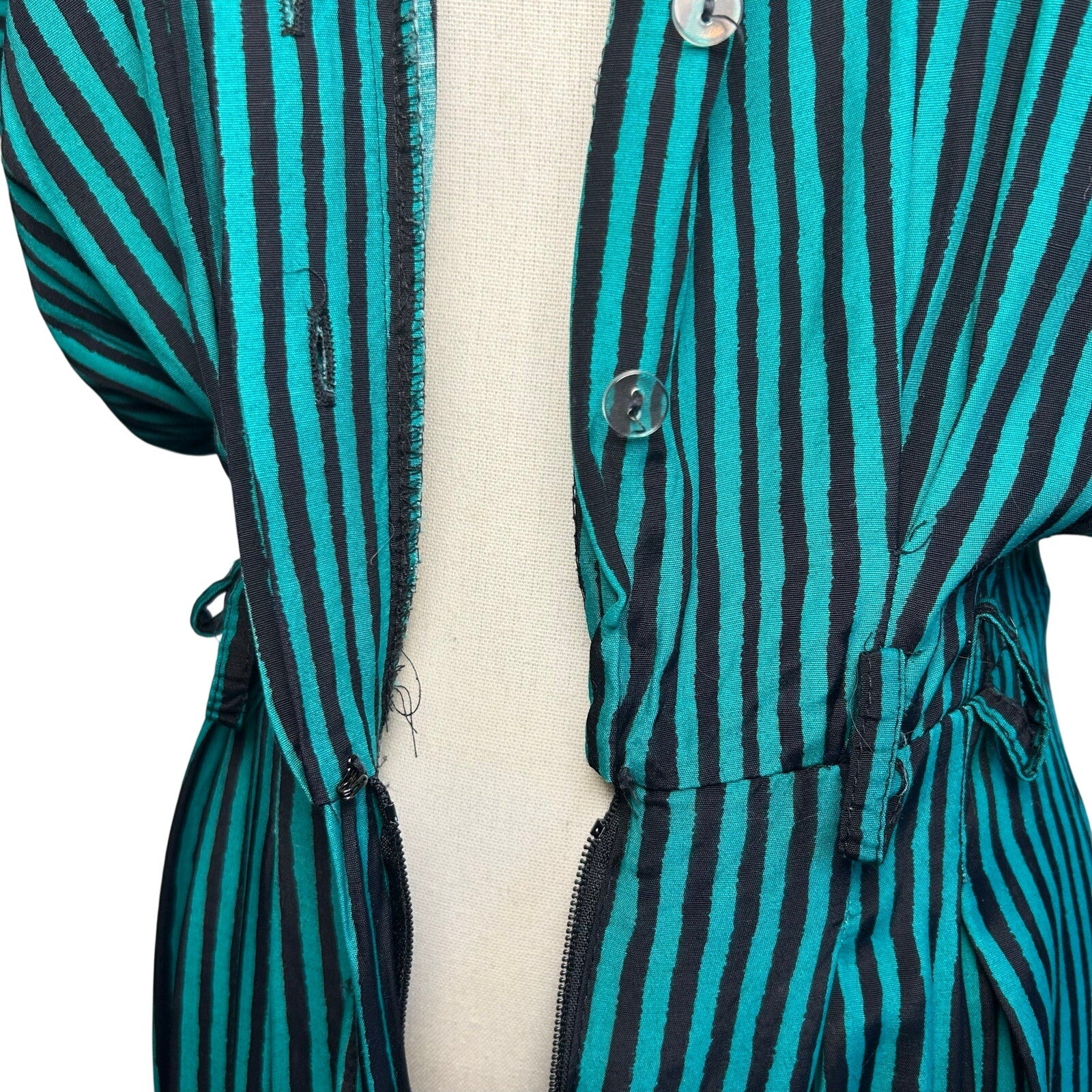 VTG 80s Scarlett Green Black Striped Rayon Midi Dress S Retro Boho Whimsigoth