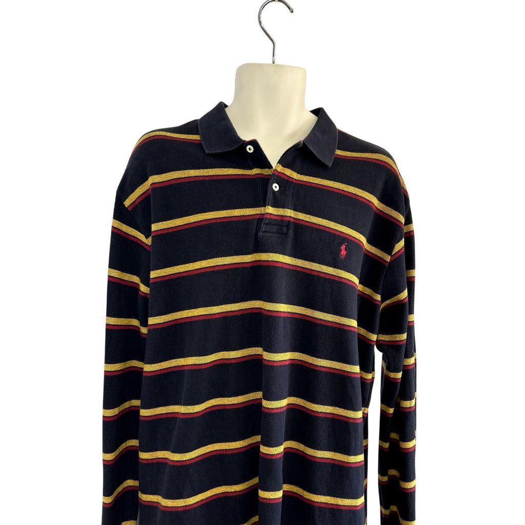 VTG 90s Polo Ralph Lauren XL Navy Blue Striped Long Sleeve Polo Shirt Preppy