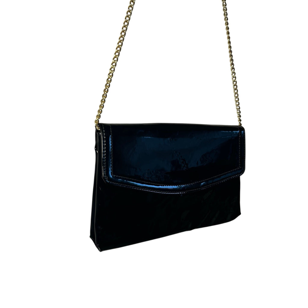 VTG 70s Patent Leather Black Gold Chain Convertible Clutch Shoulder Bag Purse