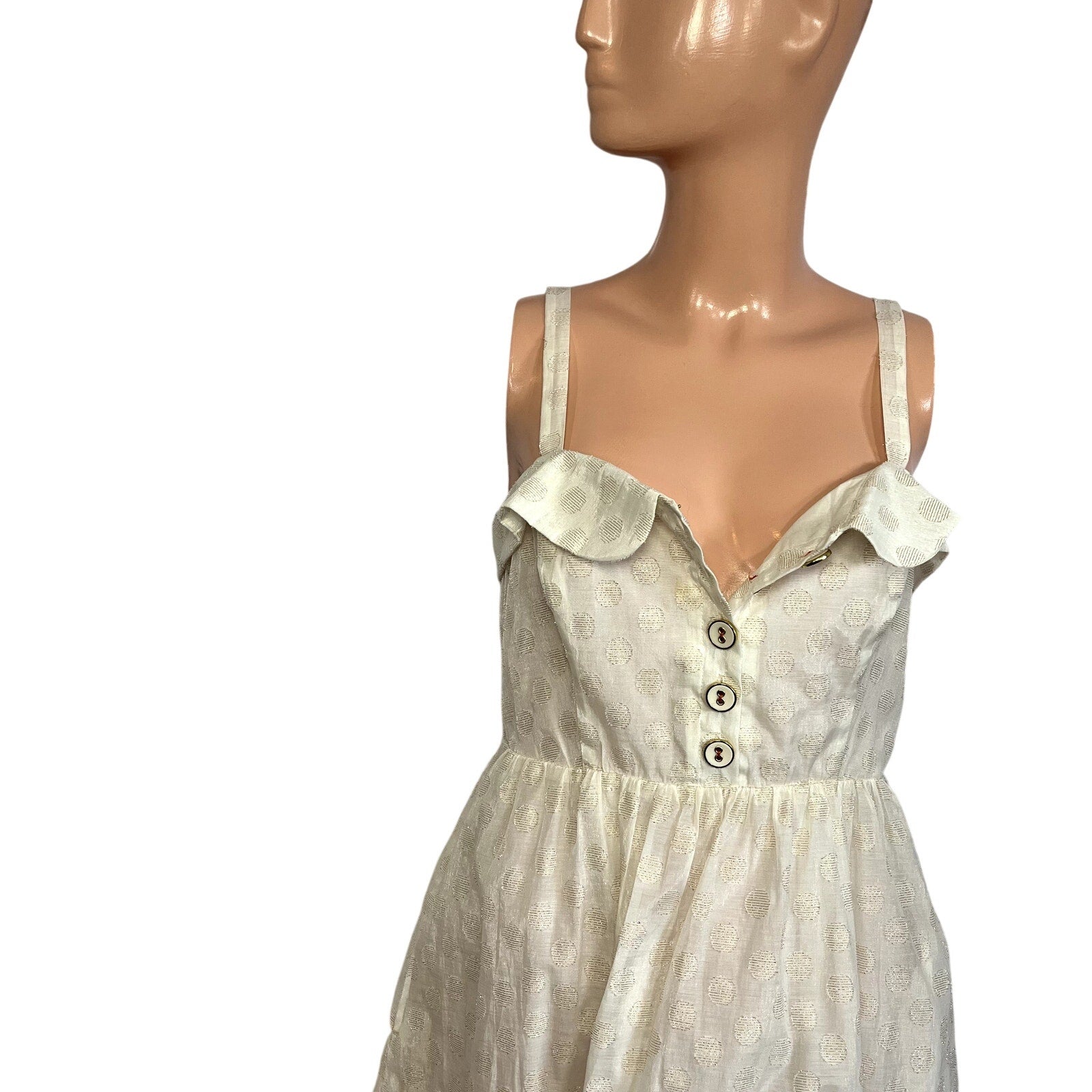 Free People Metallic Polka Dot Dress S Smocked Button Down Knee Length Cottage
