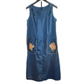 VTG 70s ILGWU Embroidered Floral Pocket Pinafore Dress Navy Blue Small Retro