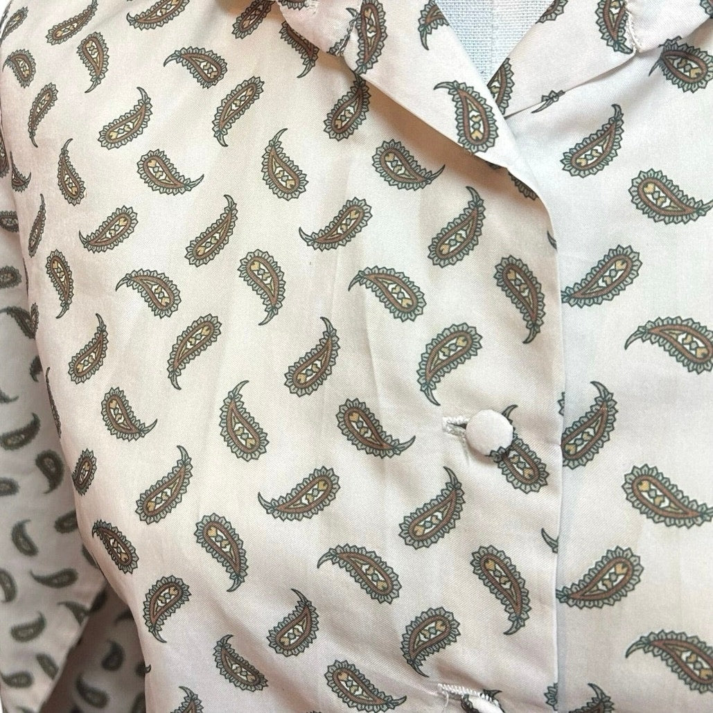 VTG 90s Handmade White Green Paisley Print Top Cloth Buttons Whimsigoth Boho