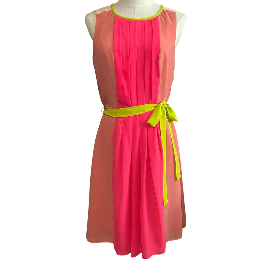 LOFT Colorblock Pleated Midi Dress Pink Coral Neon Green Belt 6 Preppy Retro