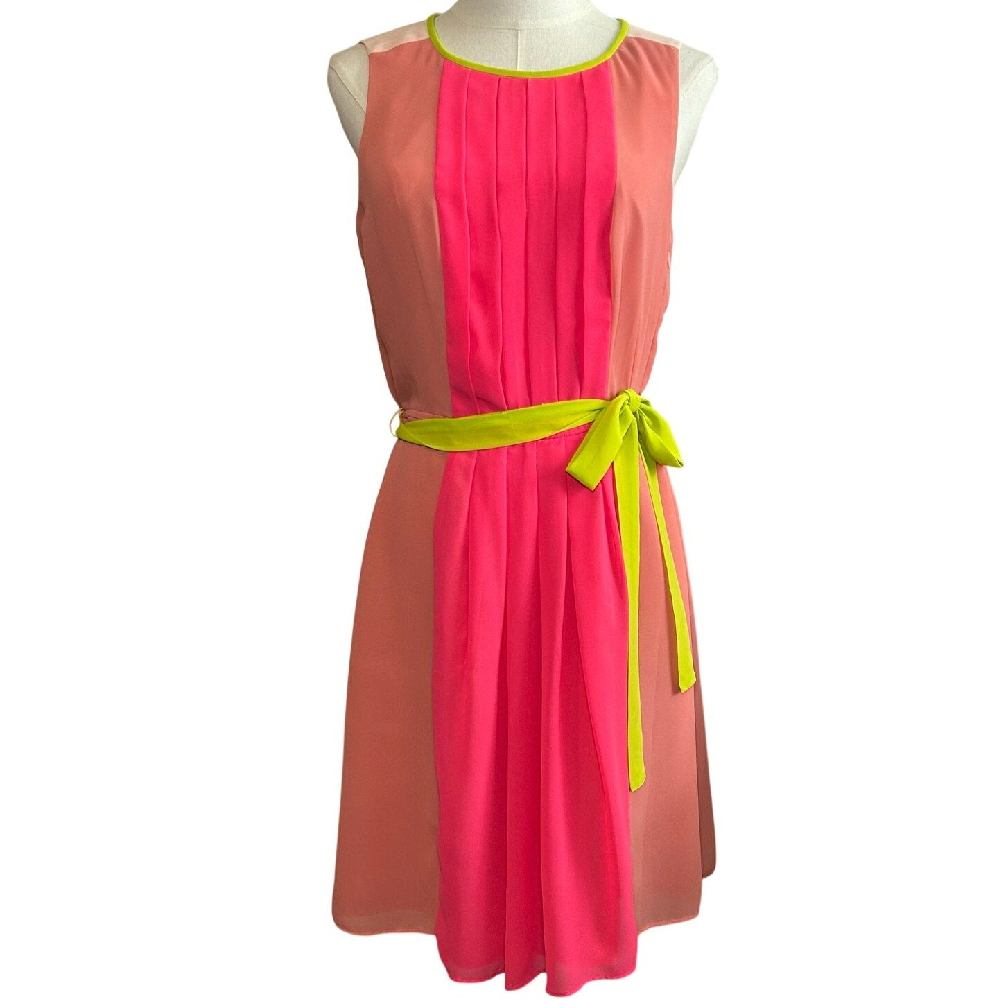LOFT Colorblock Pleated Midi Dress Pink Coral Neon Green Belt 6 Preppy Retro