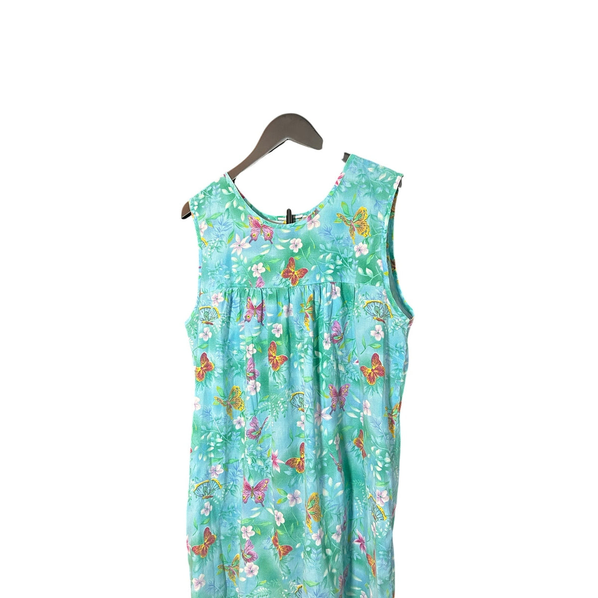 VTG Butterfly Floral Cotton Feel House Dress Blue Green XL Single Side Pocket