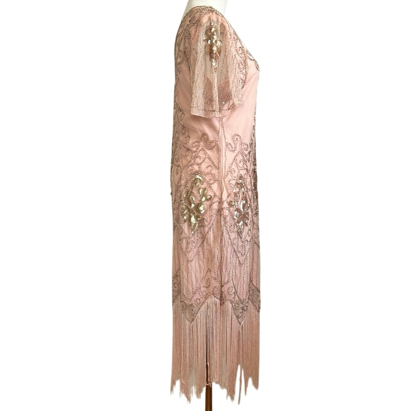 Pink Beaded Sequin Flapper Dress PS Fringe 1920s Style Art Deco Costume Party