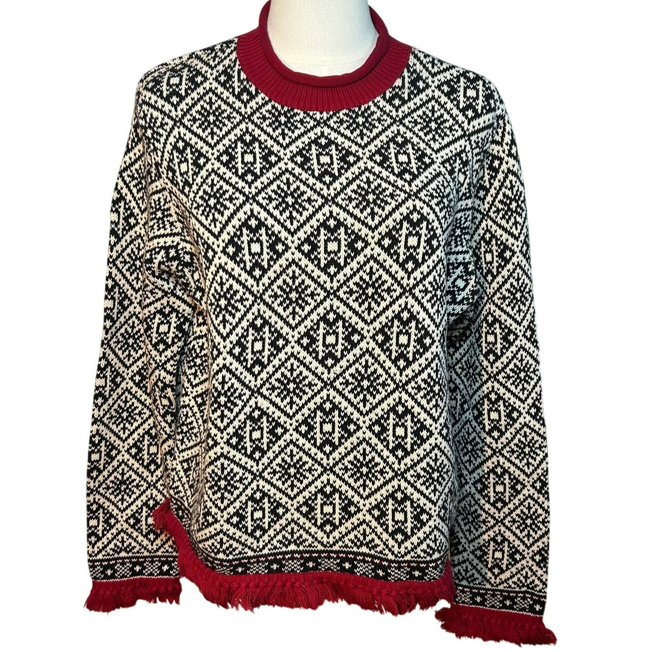 VTG 90s Talbots Large Winter Chalet Snowflake Fringe Knit Pullover Sweater Luxe
