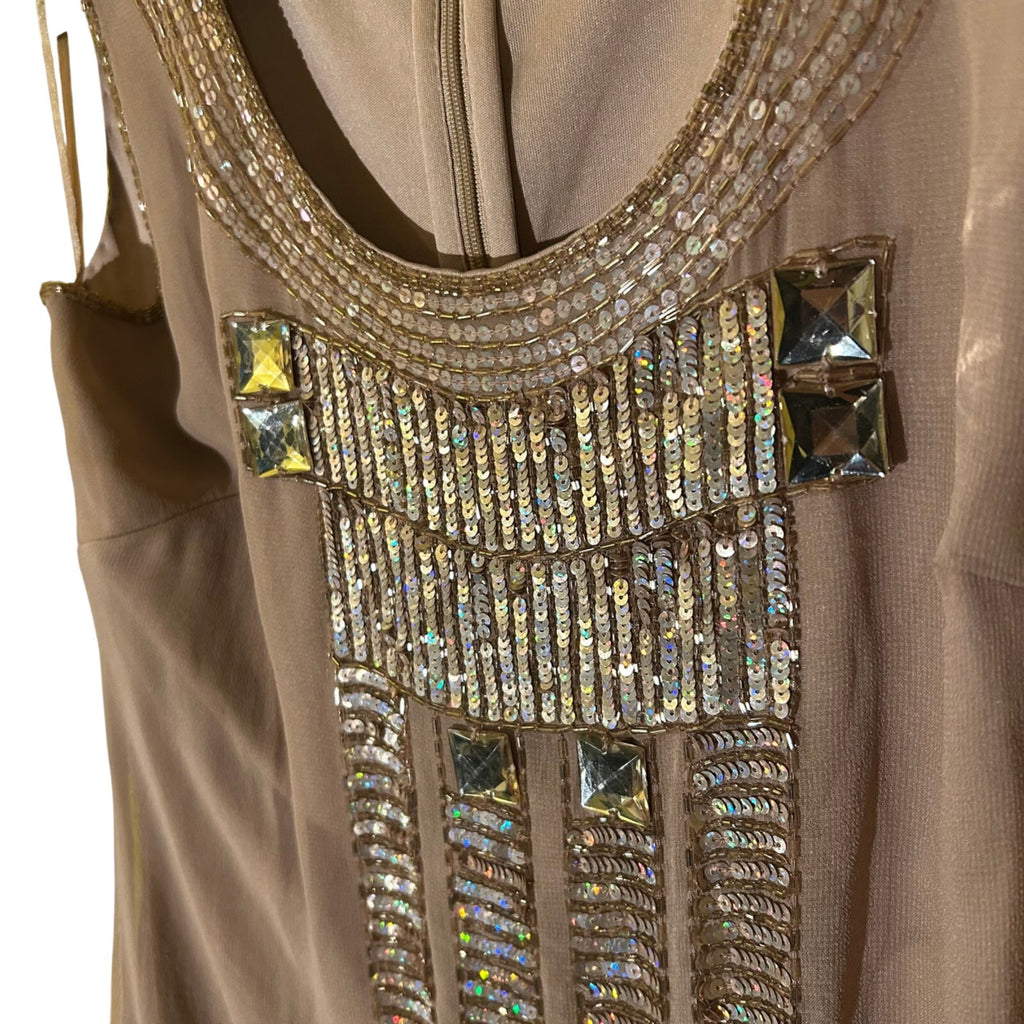 VTG Worthington Tan Beaded Sequin Chiffon Mini Dress 4 Art Deco Whimsigoth Party