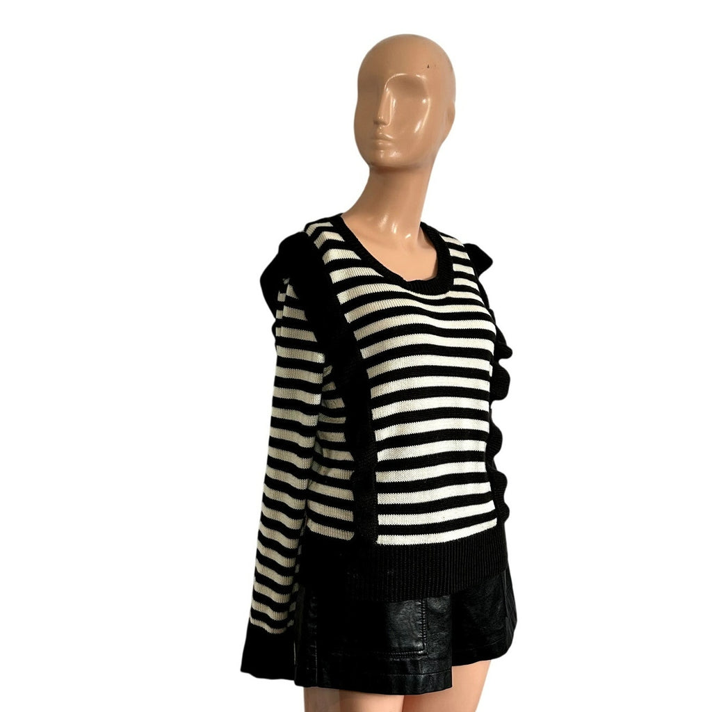 Jack by BB Dakota Black White Striped M Knit Sweater Preppy Ruffle Trim Coquette