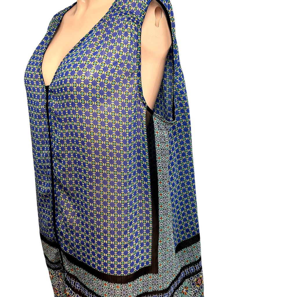 Liz Claiborne XL Blue Green Chiffon Sleeveless V-Neck Blouse Boho Top Maximalist