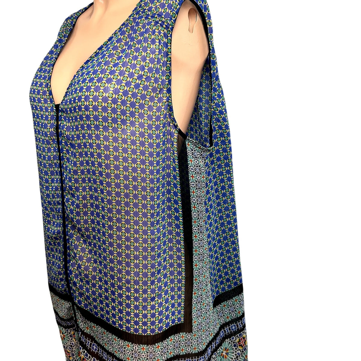 Liz Claiborne XL Blue Green Chiffon Sleeveless V-Neck Blouse Boho Top Maximalist