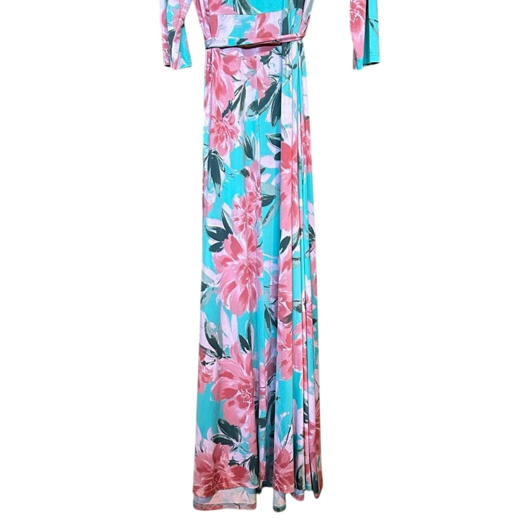 Pink Blue Floral Wrap Maxi Dress Plus Size 3X Stretchy Belted Bow Flowers Easter
