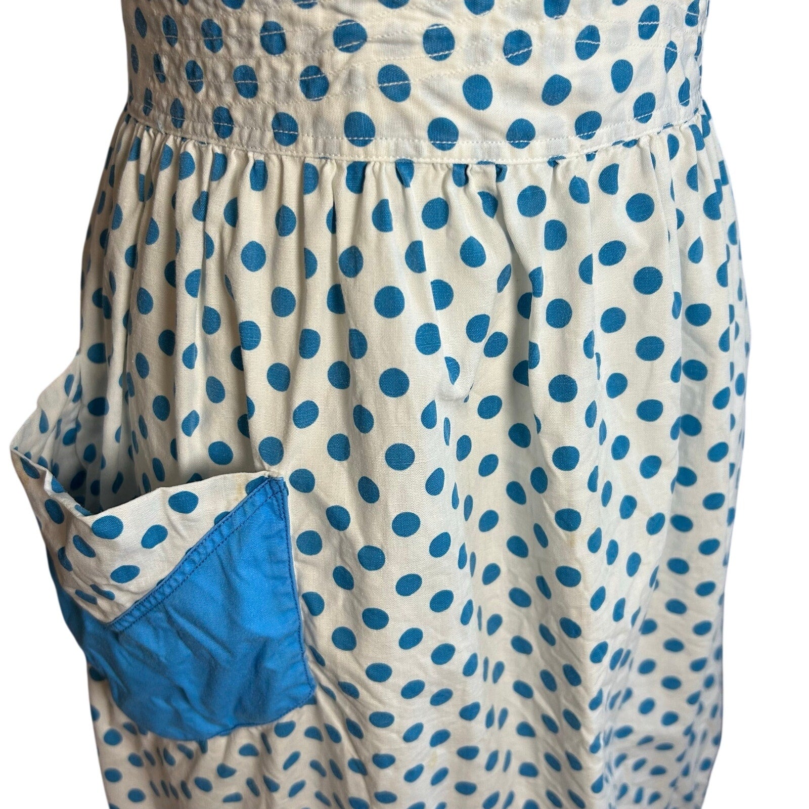 VTG Blue White Cotton Apron Handmade Pocket Polka Dot Cottage Retro Western Boho