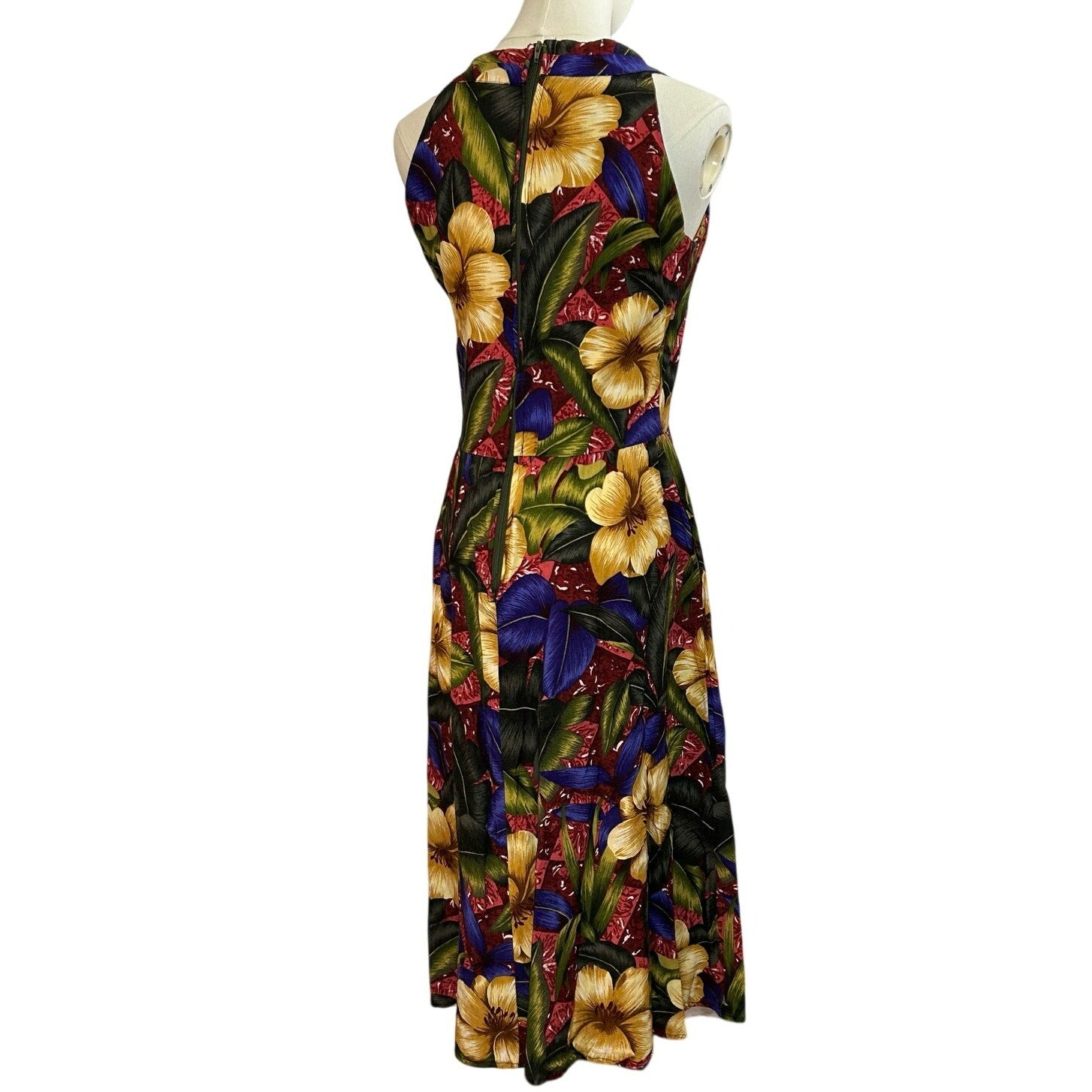 VTG 90s Positive Attitude Tropical Hibiscus Rayon Midi Dress Pockets Size 14