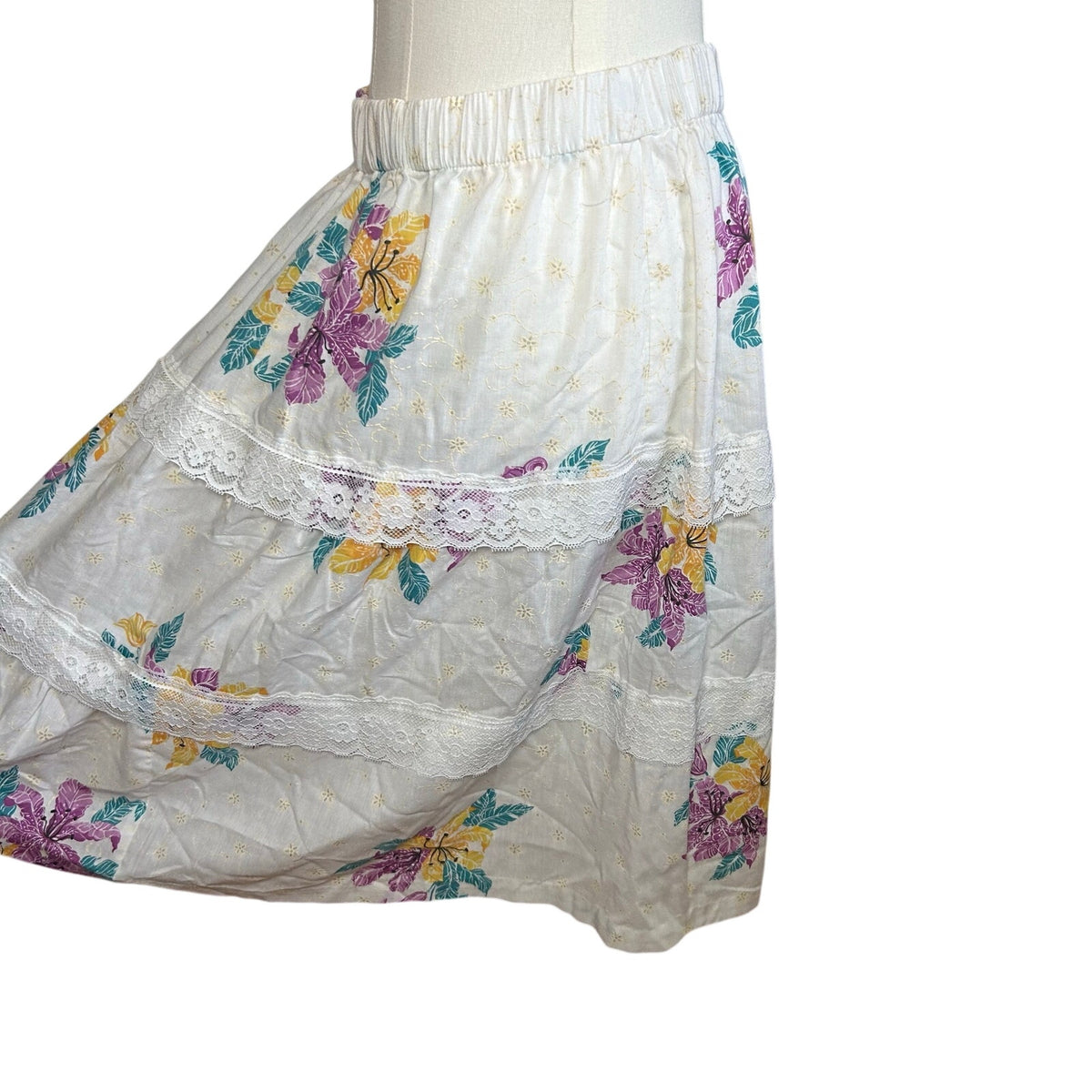 VTG 80s White Floral Broomstick Skirt M L Hawaiian Boho Cottage Fairy Retro